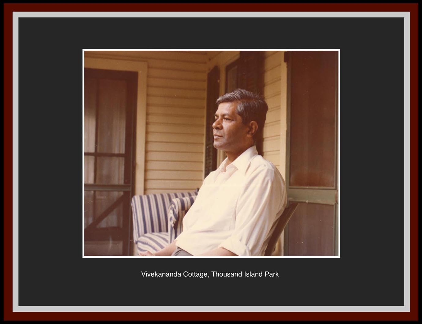 Swami Adiswarananda seated at Thousand Island Park.