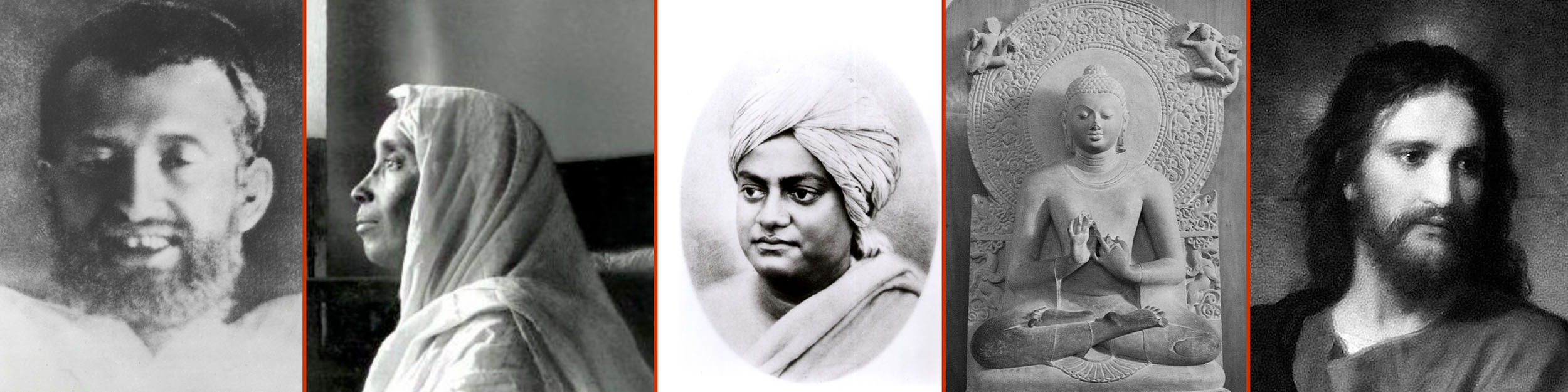series of black and white photos of Sri Ramakrishna, Holy Mother, Swami Vivekananda, Buddha, and Jesus