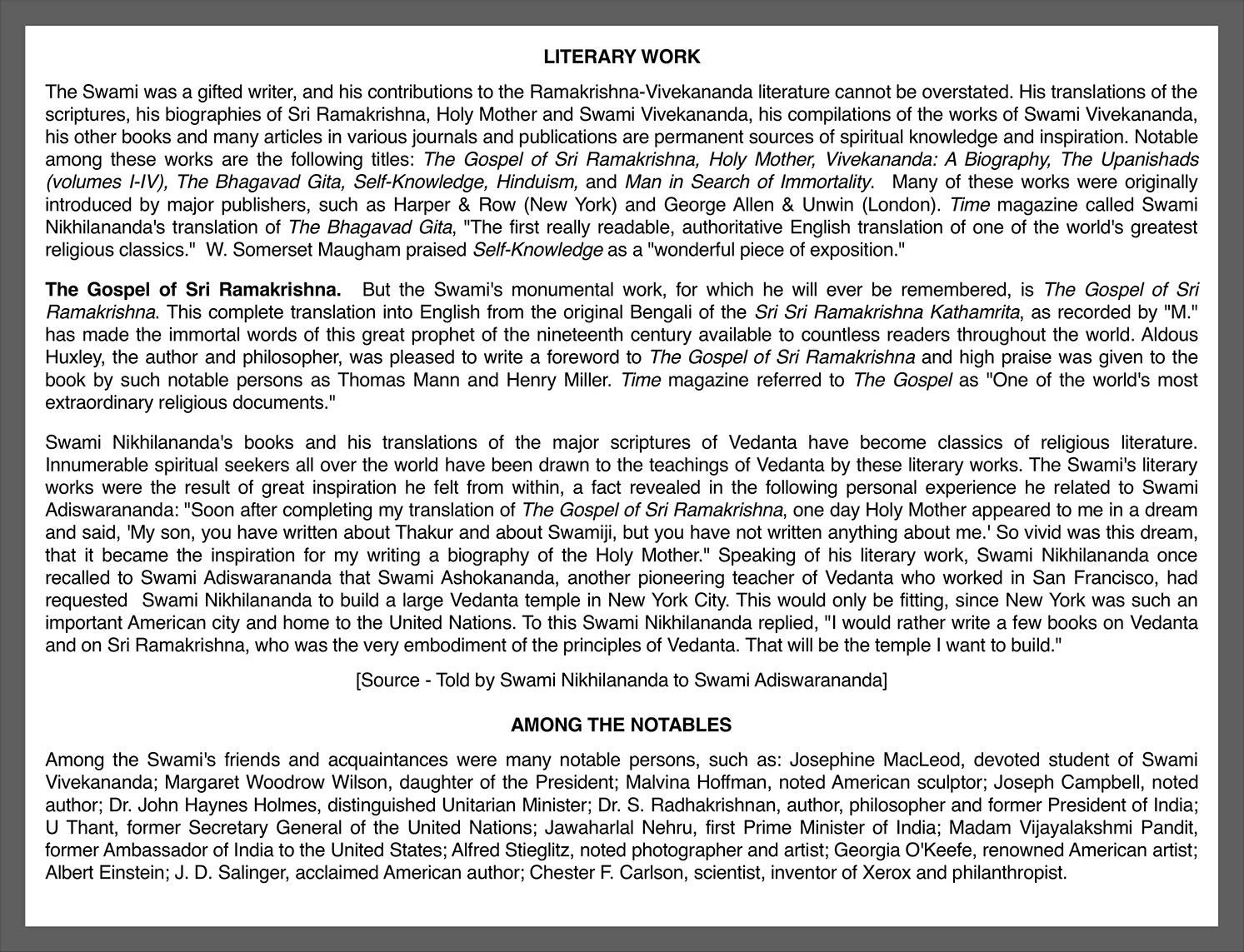 Swami Nikhilananda and the Ramakrisha-Vivekananda Center of New York page 6.